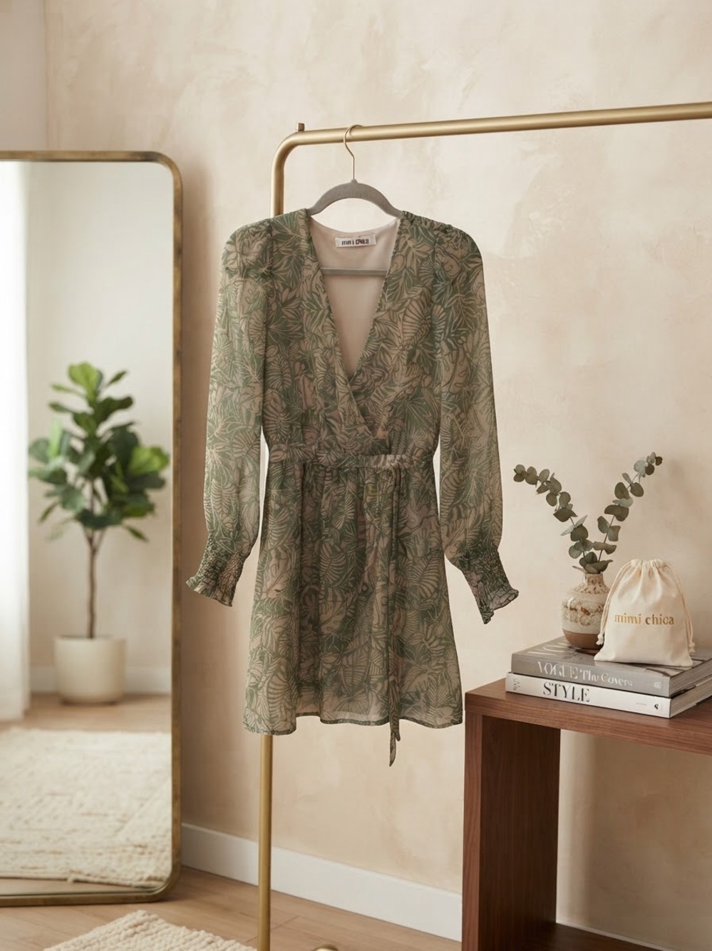 Mimi Chica Green Leaf-Print Sheer Wrap Mini Dress